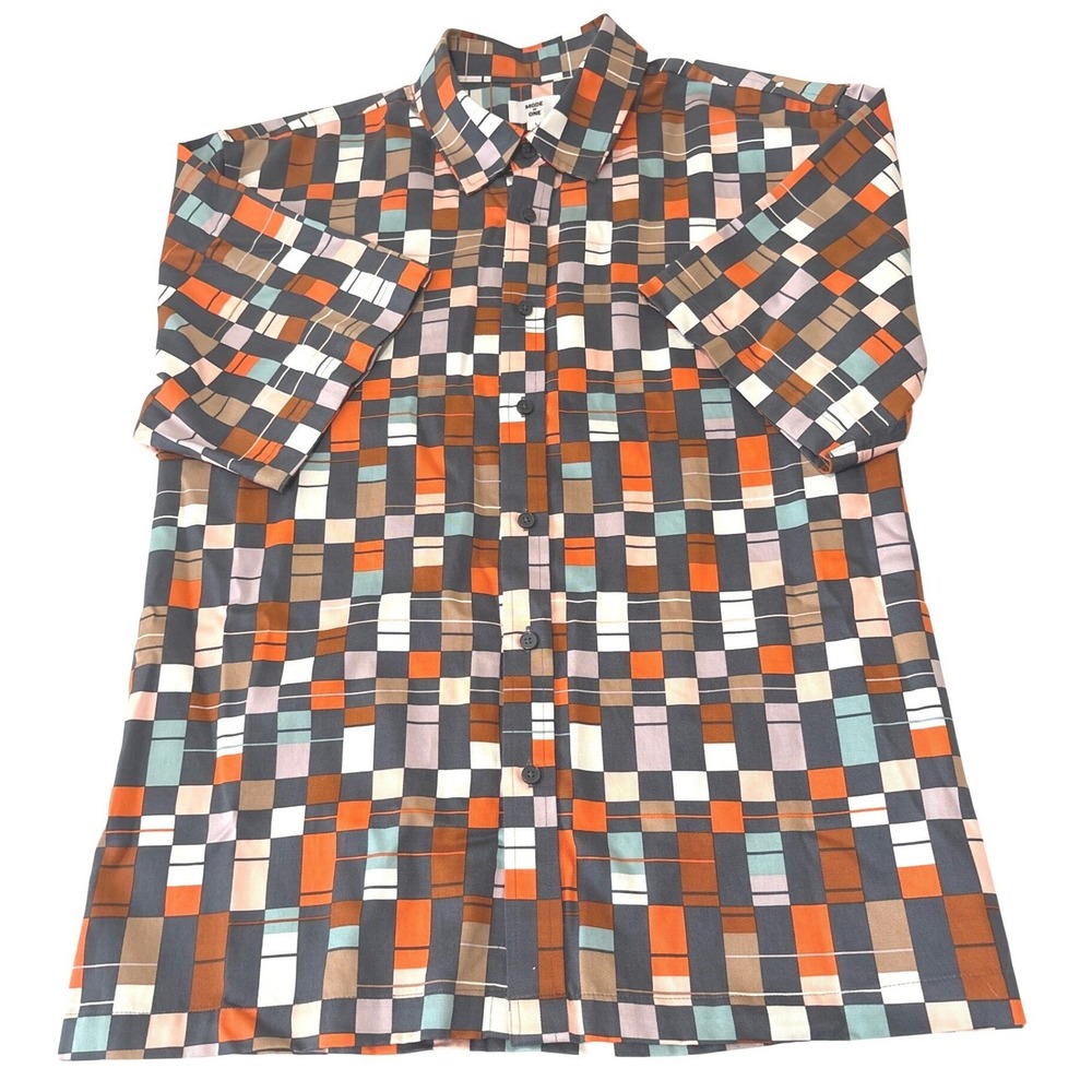 Mode Of One‎ Mens Large Geometric Grid Short Sleeve Button Down Shirt Multicolor